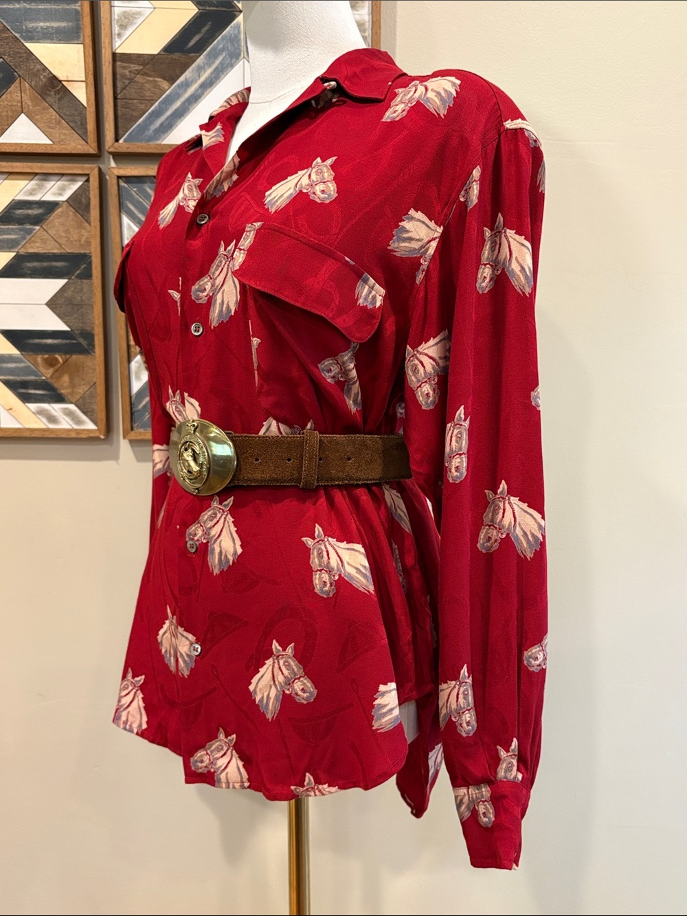 Vintage Ralph Lauren 90s Red Equestrian Horse Print Button Front Top 4 *As-Is* - Picture 2 of 16